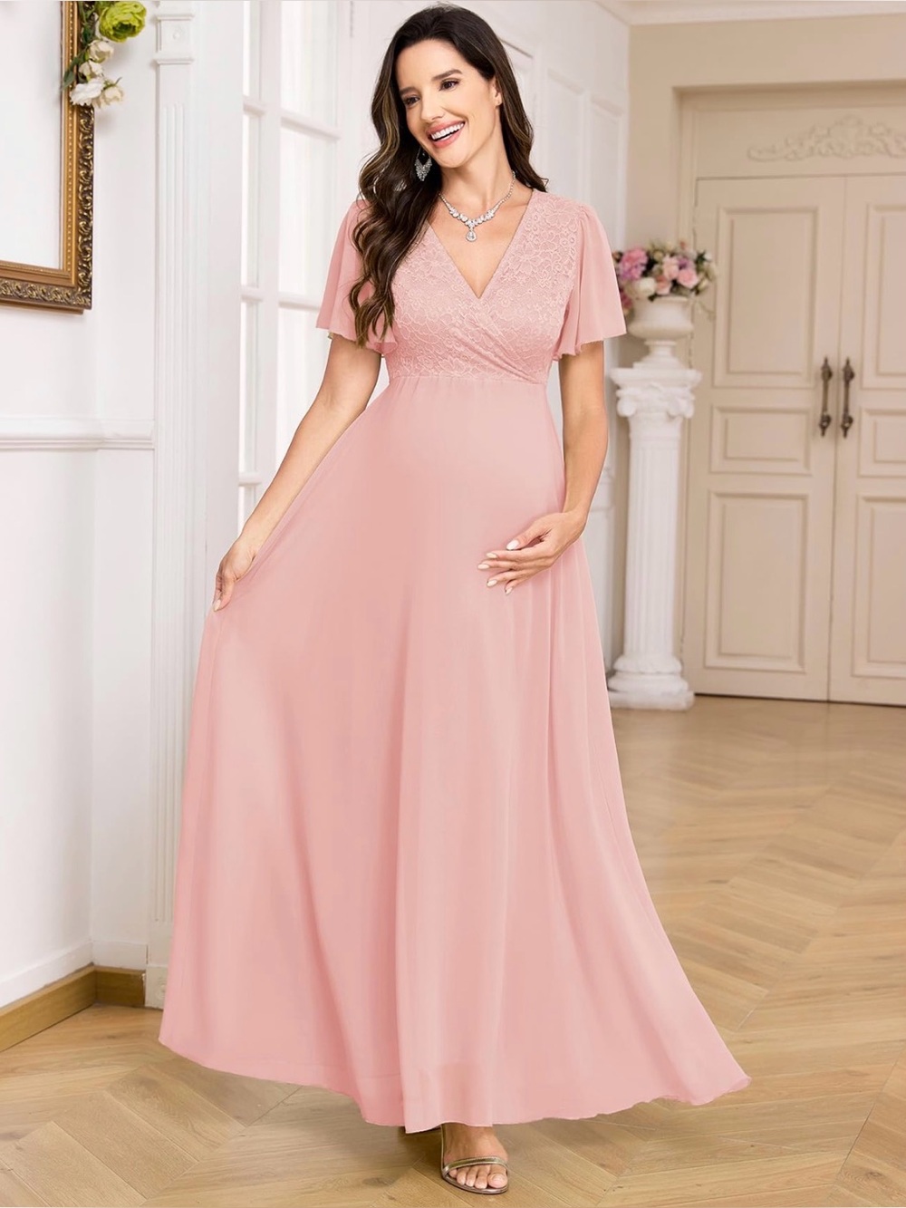 Maternity Dress Lace Wrap V-Neck Flowy Maxi Ruffle Sleeve Chiffon Gown